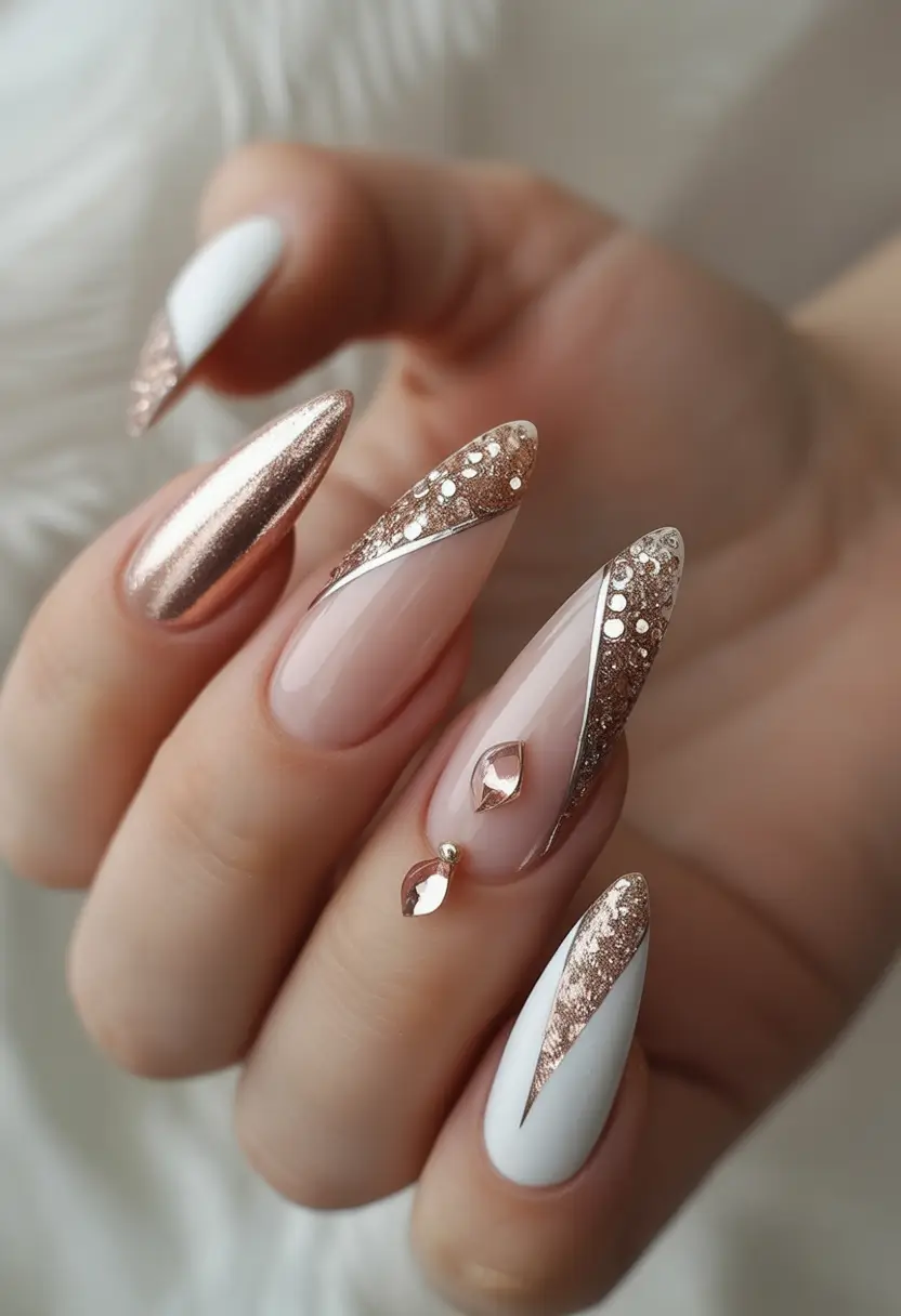 fall wedding nails Metallic Rose Gold and Glitter Glam