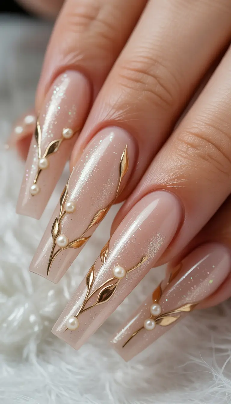 fall wedding nails Golden Vine Glamour with Pearls