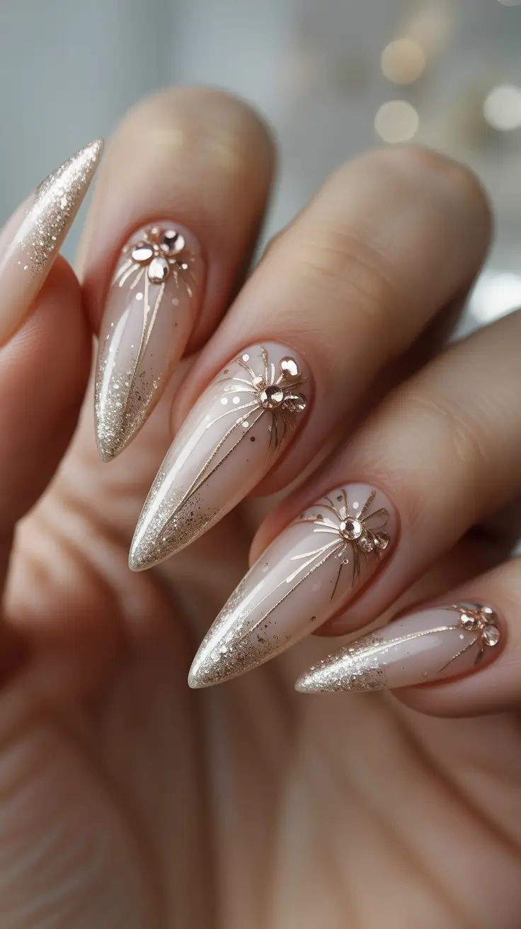 fall wedding nails Champagne Floral Sparkle