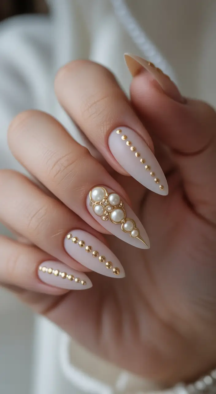 fall wedding nails Matte Nude with Gold Studs and Regal Pearls