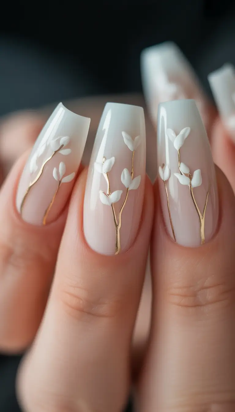 fall wedding nails Delicate White Blossoms on Ivory Tips