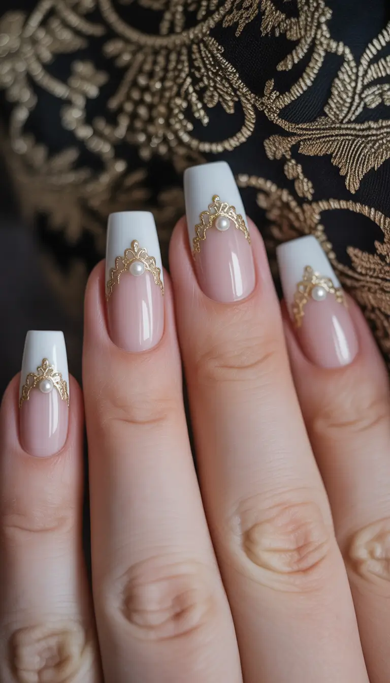 fall wedding nails Royal Pearl French with Gilded Lace