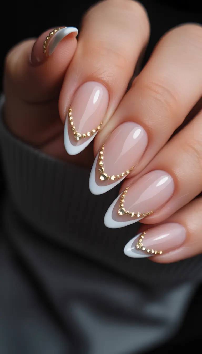 fall wedding nails Golden Studded Tips with Sculpted White Arrows