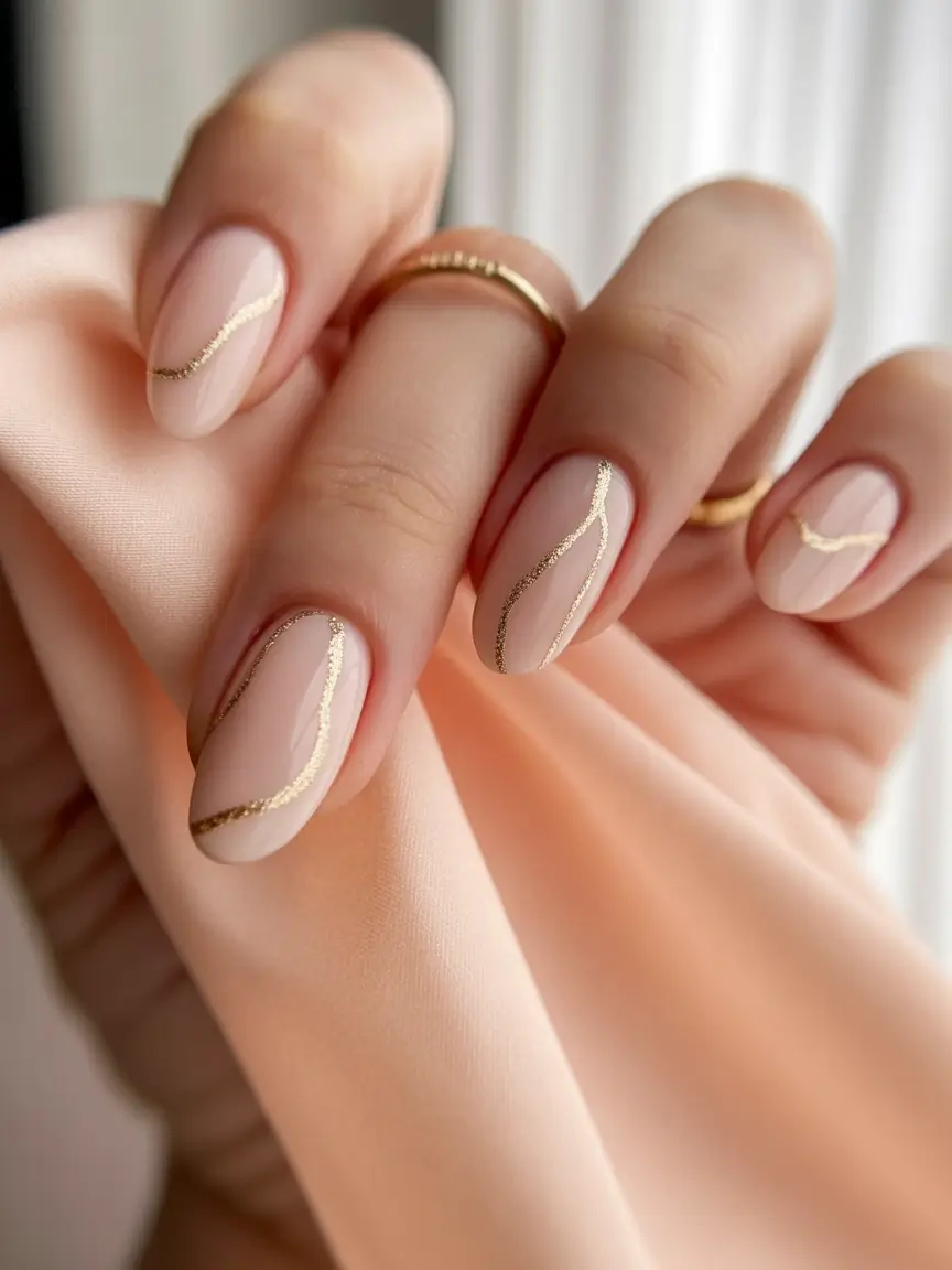 fall wedding nails Minimalist Golden Veins on a Barely-There Nude