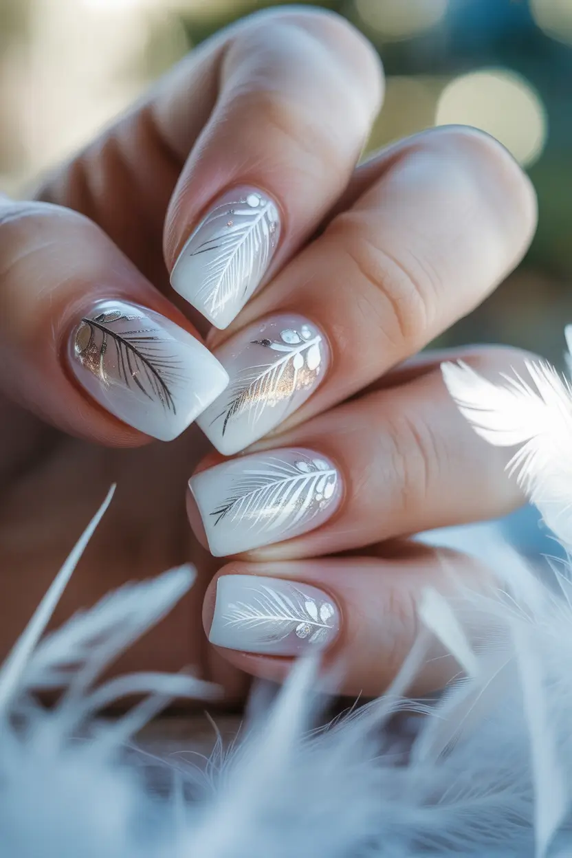 fall wedding nails Feathered Whispers in White and Silver