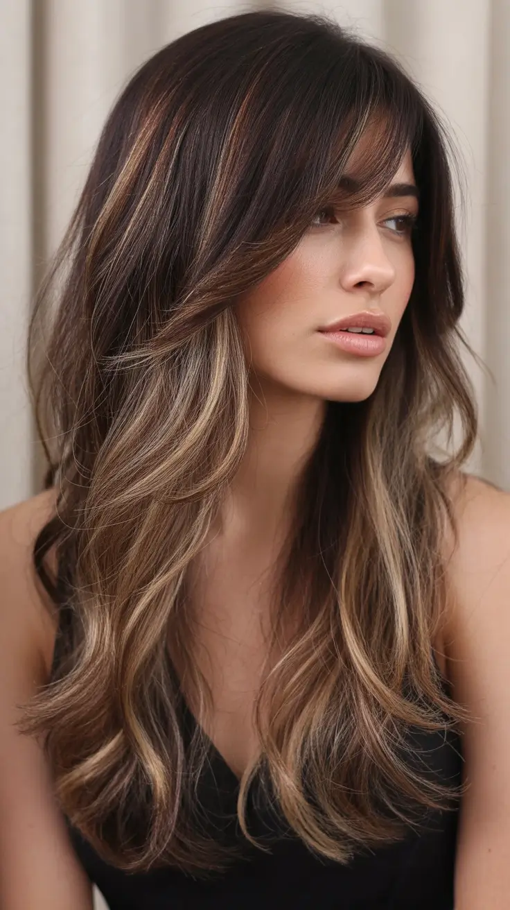 Fall hairstyles for women over 40 Layered Brunette With Bangs