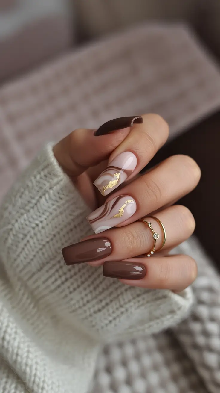 Fall nail trends Molten Mocha Marble With Gold Leaf