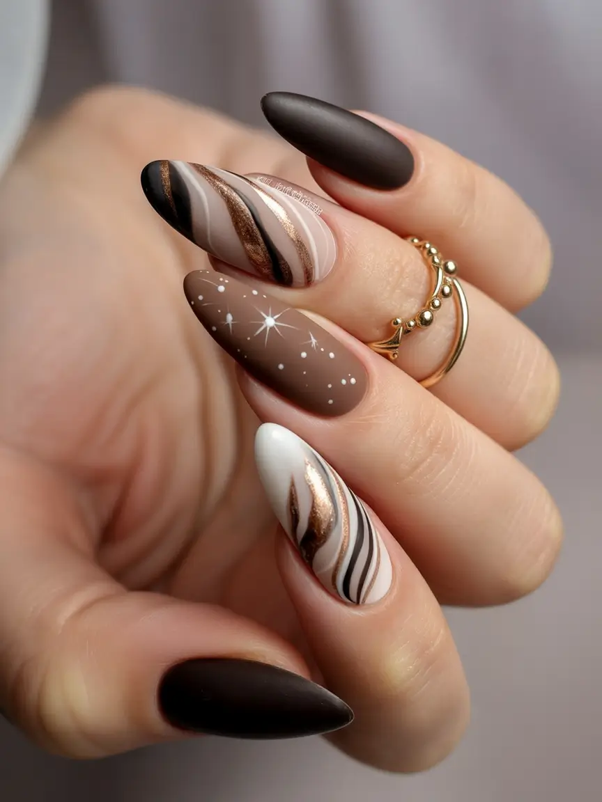 Fall nail trends Mocha Galaxy Swirls