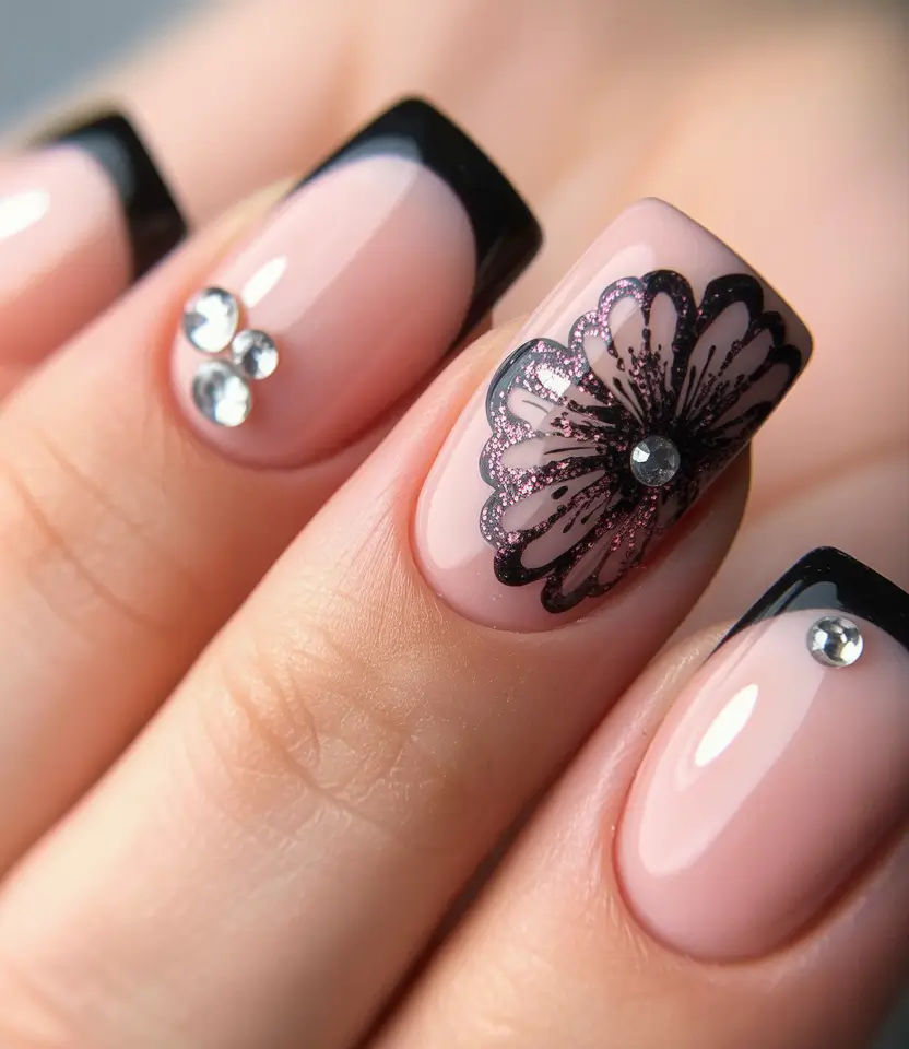 Fall nail trends Noir French With Crystal Detail