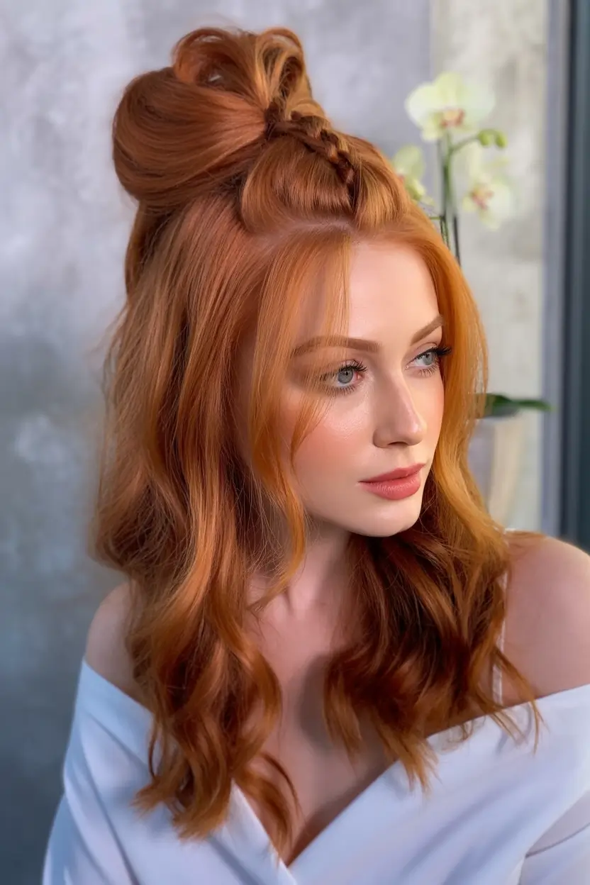 Long Fall Hairstyles 2025 – Copper Bow Half-Up with Crown Braid