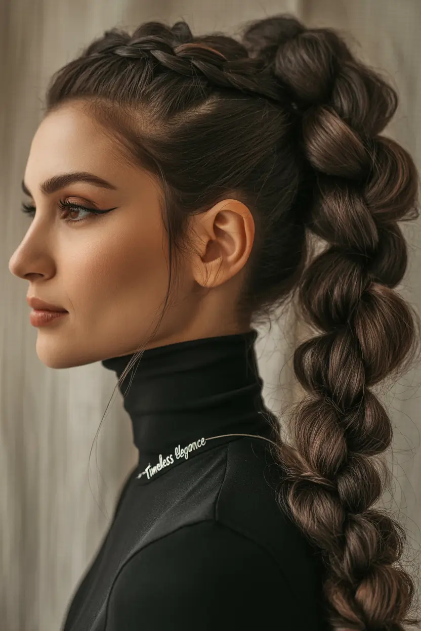 Long Fall Hairstyles 2025 – Braided Crown into Voluminous Bubble Braid