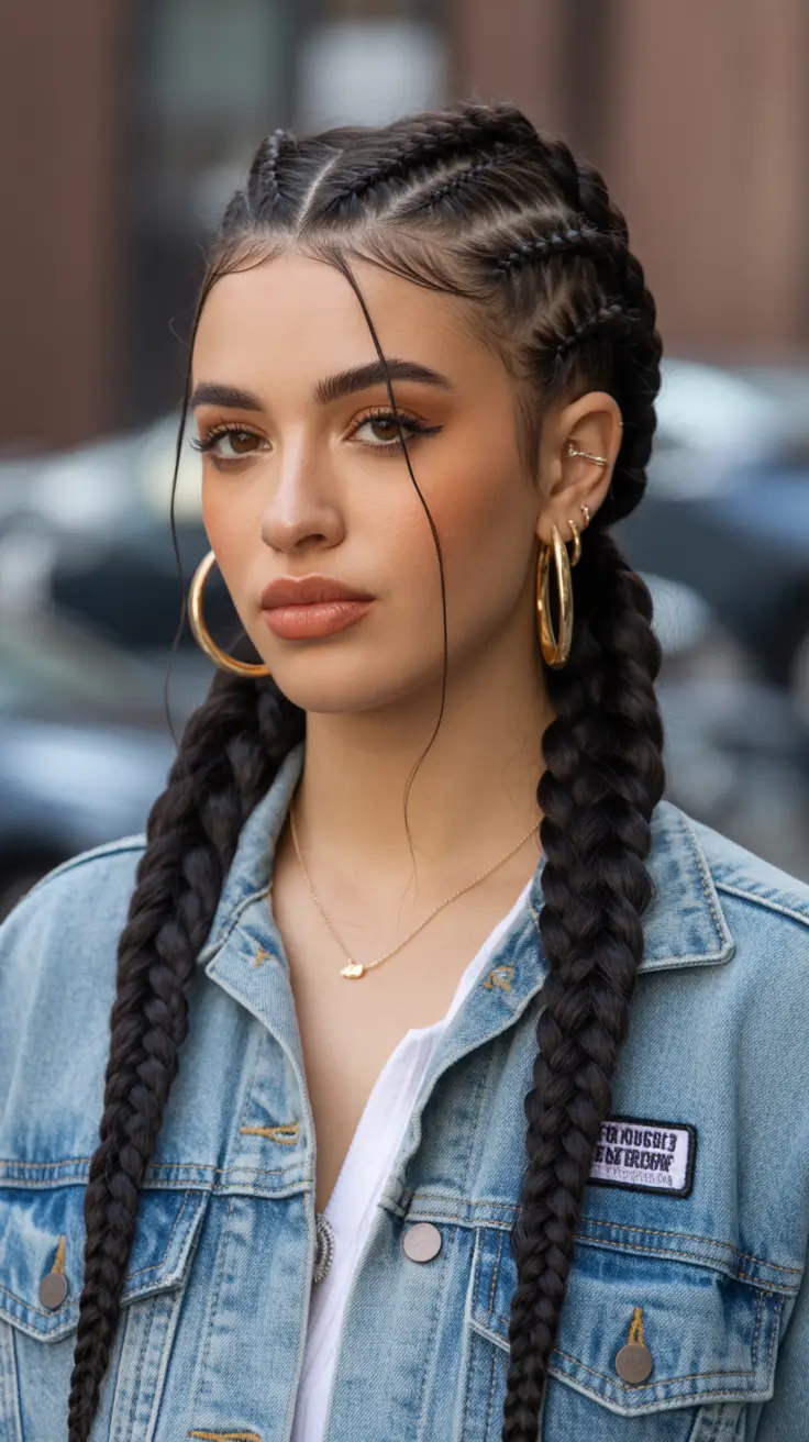 Long Fall Hairstyles 2025 – Double Dutch Braids with Sleek Middle Part