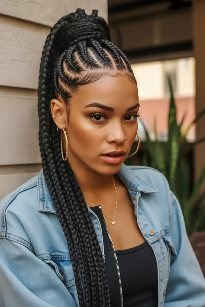 Long Fall Hairstyles 2025 – High Pony with Feed-In Braids