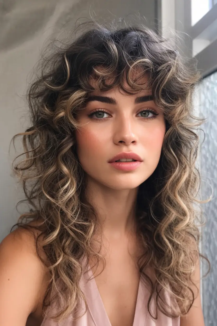 Long Fall Hairstyles 2025 – Shaggy Curly Layers with Feathered Bangs