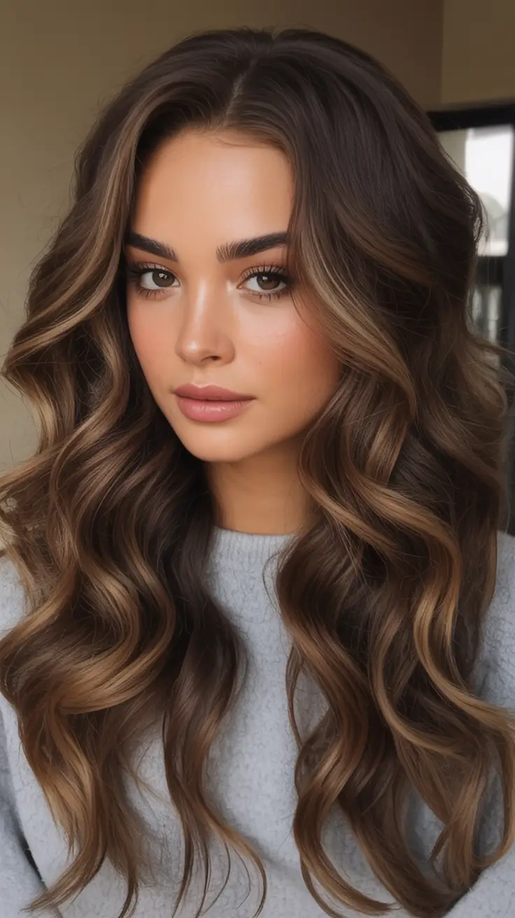 Long Fall Hairstyles 2025 – Glossy Caramel Waves on Brunette Base