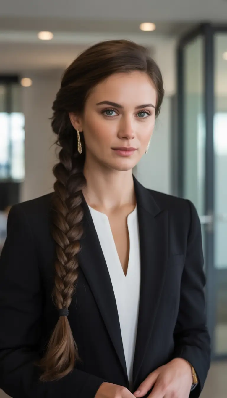 Long Fall Hairstyles 2025 – Side-Swept Low Braid for Work and Beyond