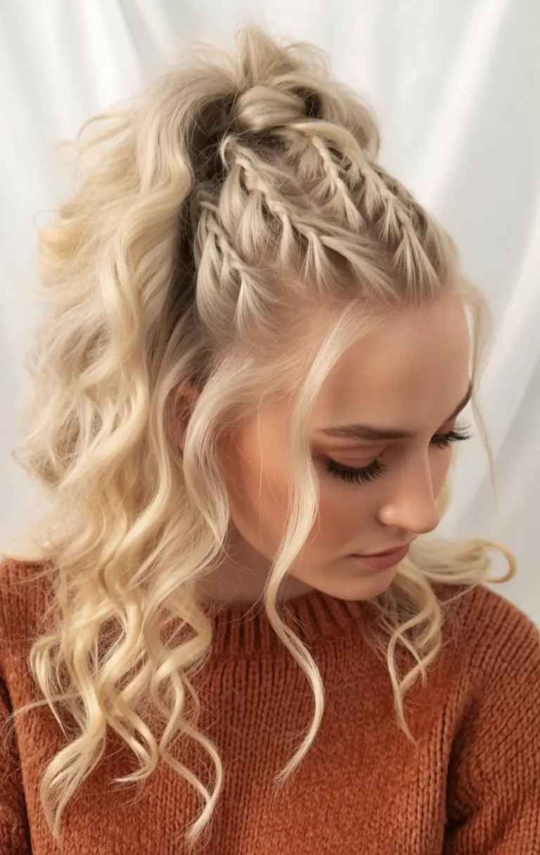 Long Fall Hairstyles 2025 – Half-Up Curly Pony with Mini Braids