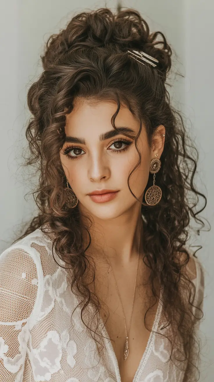 Long Fall Hairstyles 2025 – Romantic Curly Half-Up with Pins