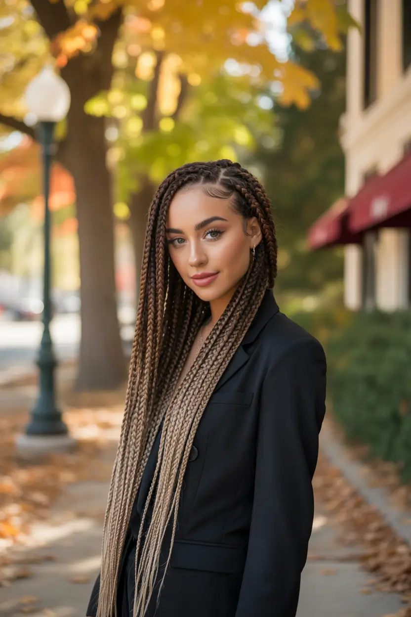 Long Fall Hairstyles 2025 – Long Box Braids with Ombre Finish