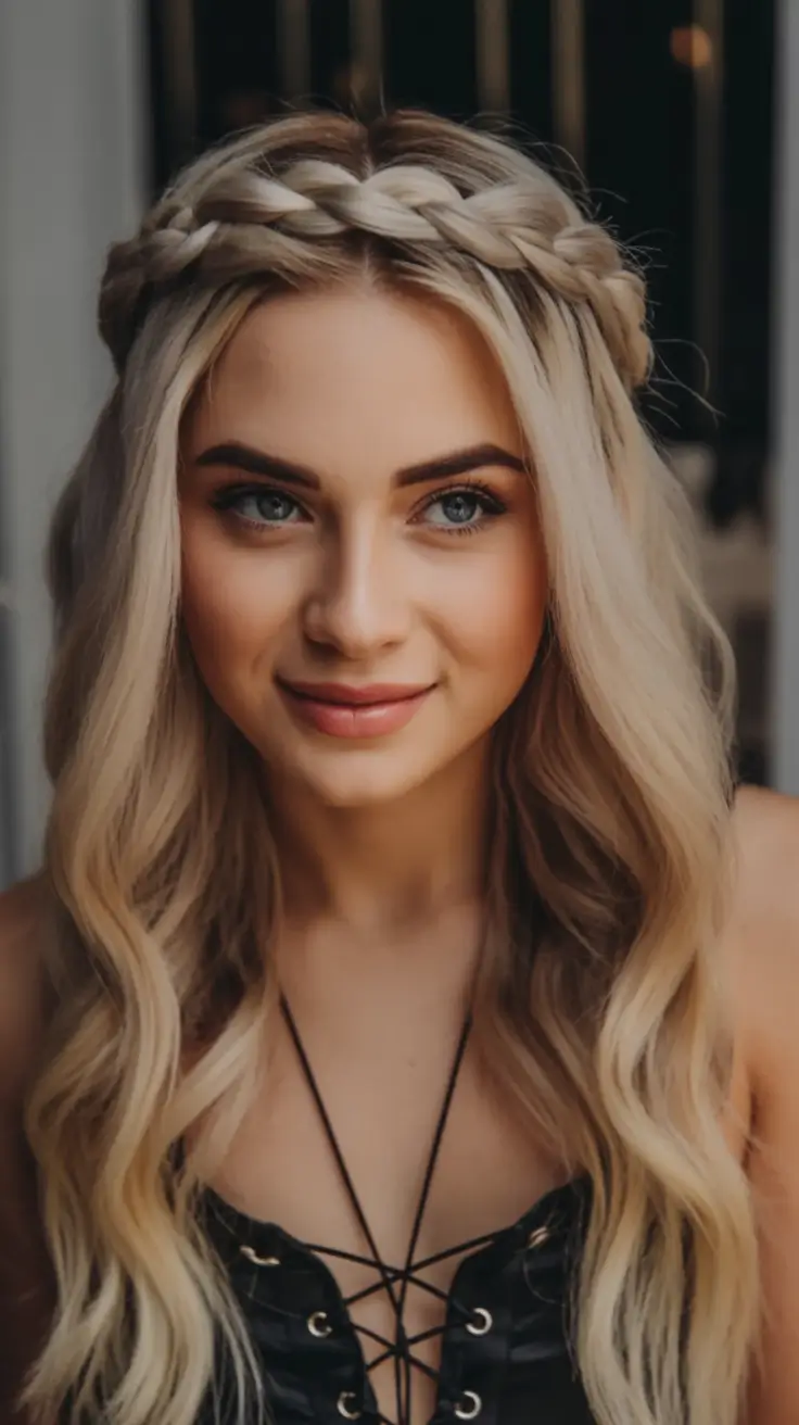 Long Fall Hairstyles 2025 – Blonde Crown Braid with Loose Waves