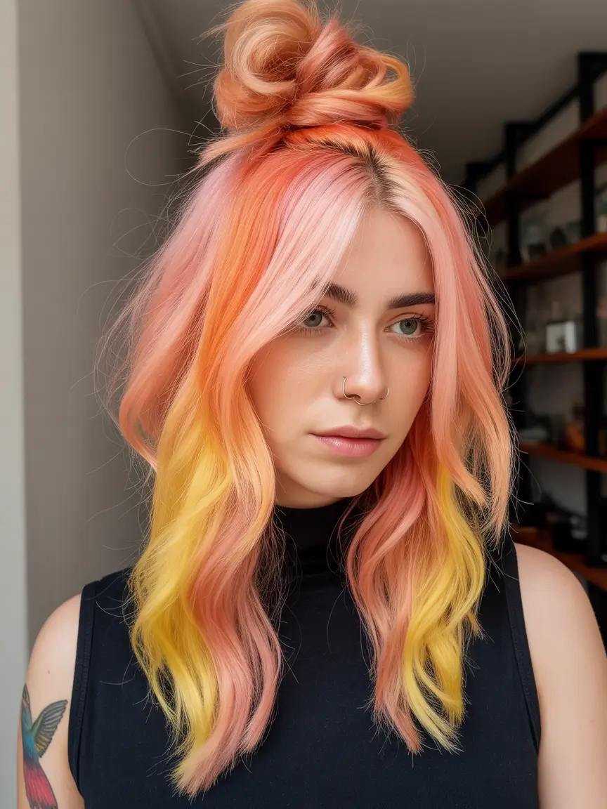 Long Fall Hairstyles 2025 – Sunset Ombre with Half-Up Top Knot