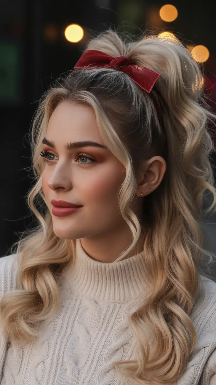 Long Fall Hairstyles 2025 – Velvet-Bow High Pony with Curls