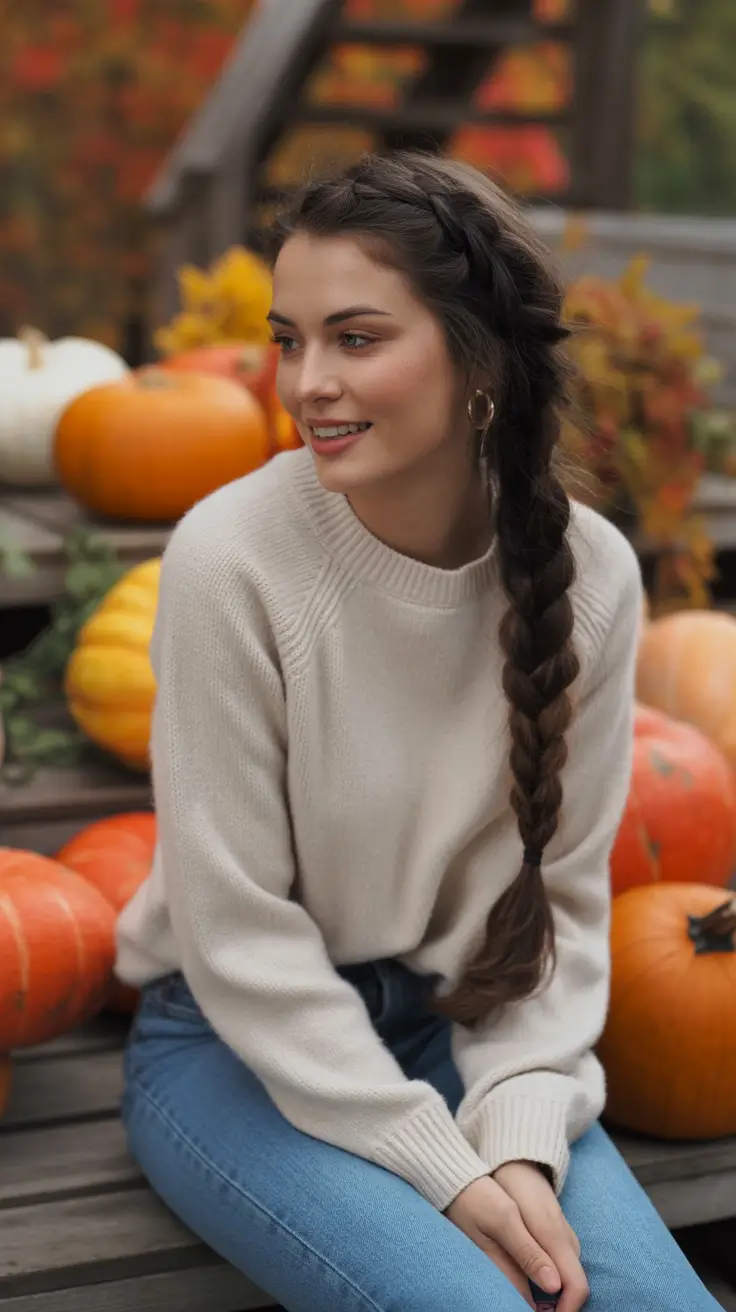 Long Fall Hairstyles 2025 – Side-Swept Crown into Cozy Side Plait
