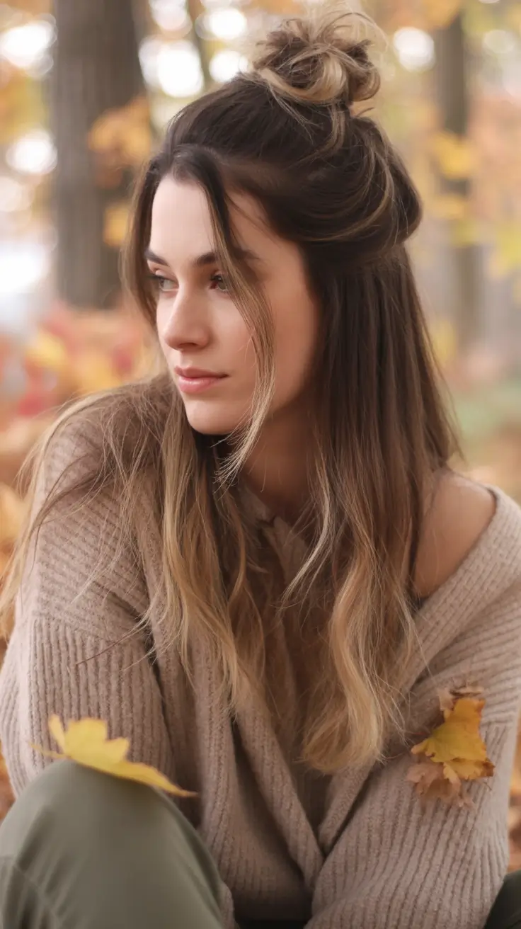 Long Fall Hairstyles 2025 – Half-Up Knot with Soft Balayage Ends