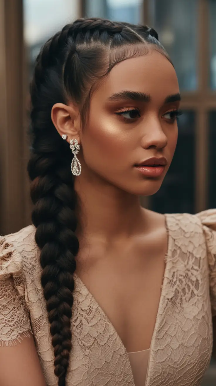 Long Fall Hairstyles 2025 – Side-Braided Elegance with Sleek Edges