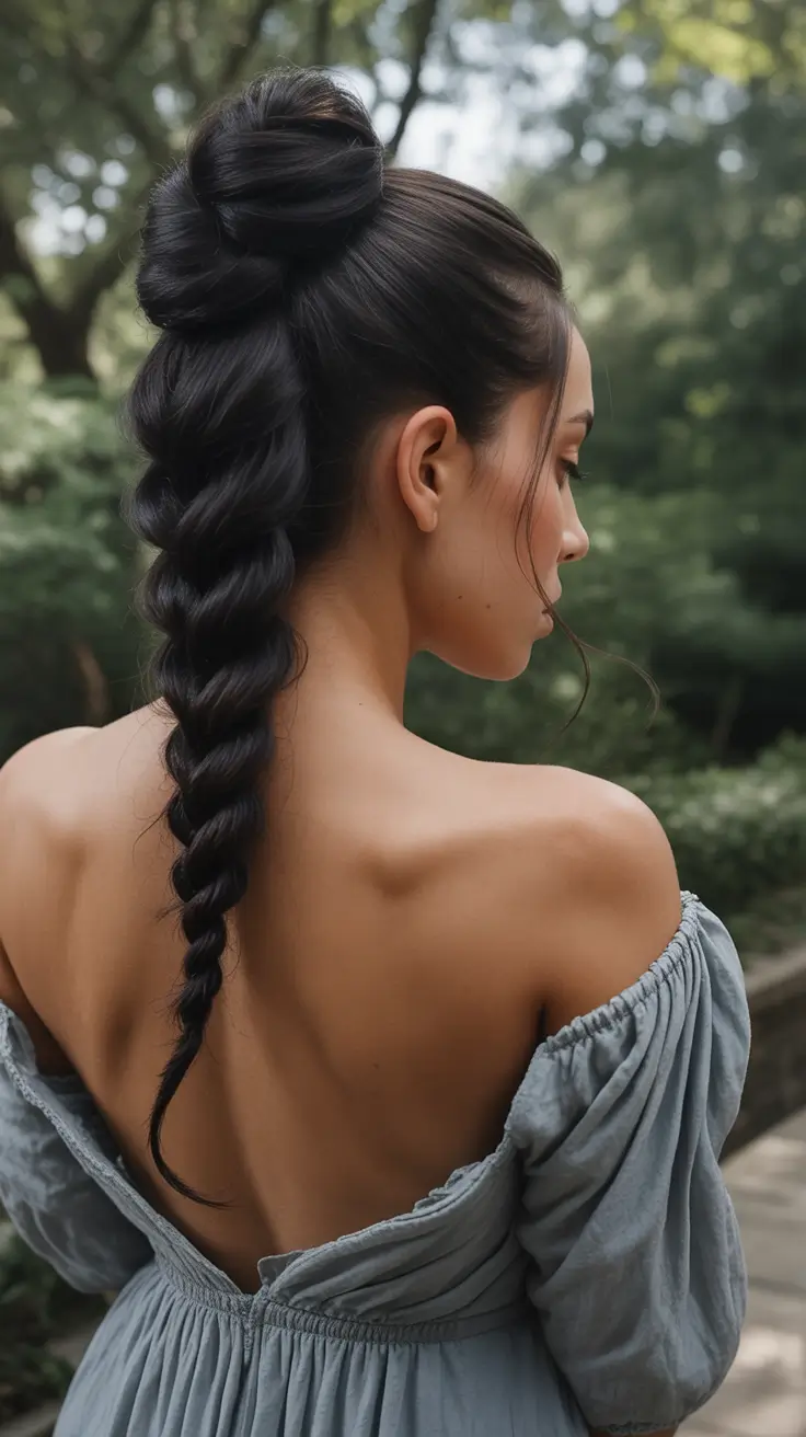 Long Fall Hairstyles 2025 – Twist-and-Braid Bubble Ponytail