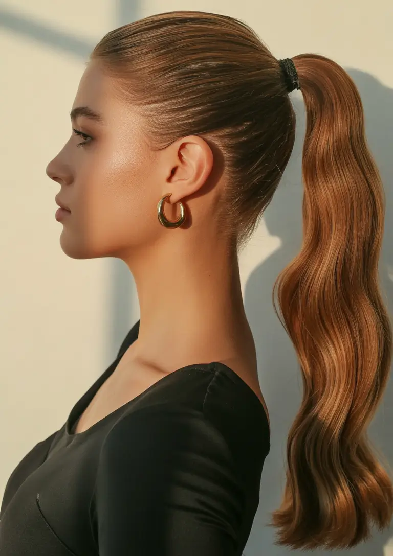 Long Fall Hairstyles 2025 – Polished Waves in a High Ponytail