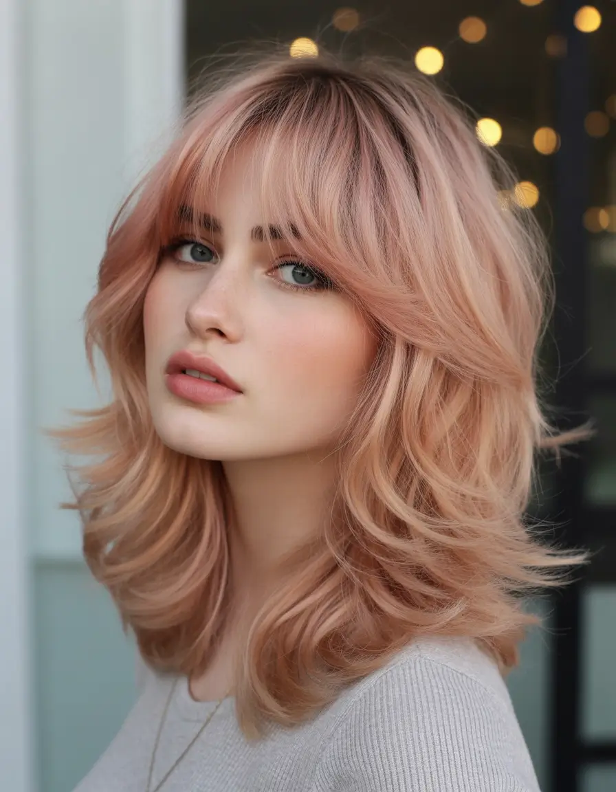 Fall hairstyle for medium Rose Gold Shag with Curtain Bangs