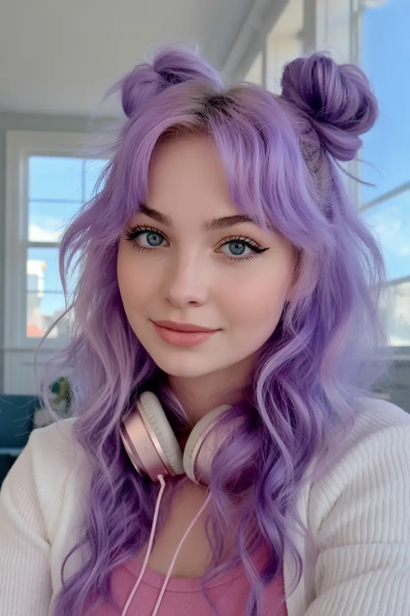 Fall hairstyle for medium Lavender Space Buns with Loose Waves