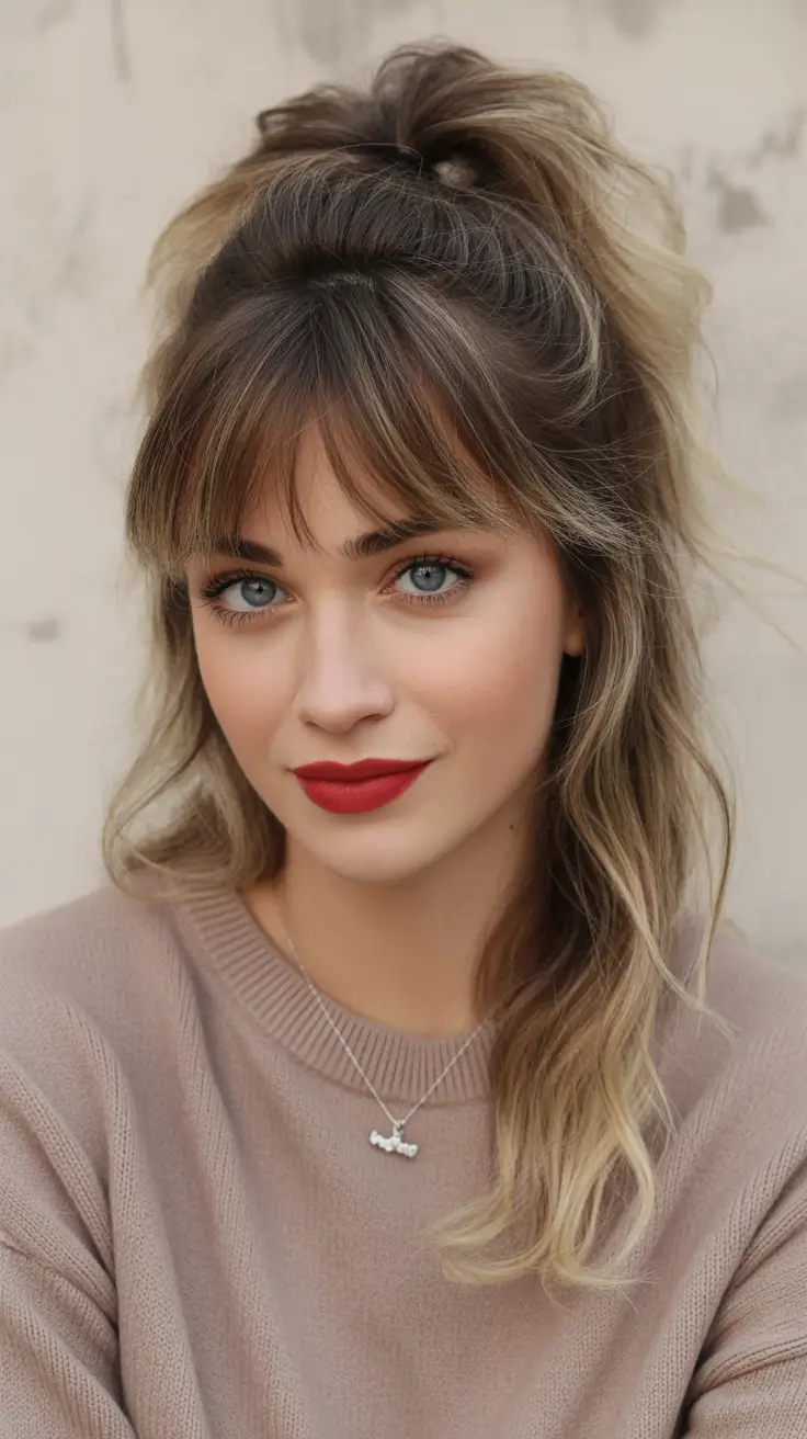 Fall hairstyle for medium Half-Up Pony with Textured Layers and Fringe