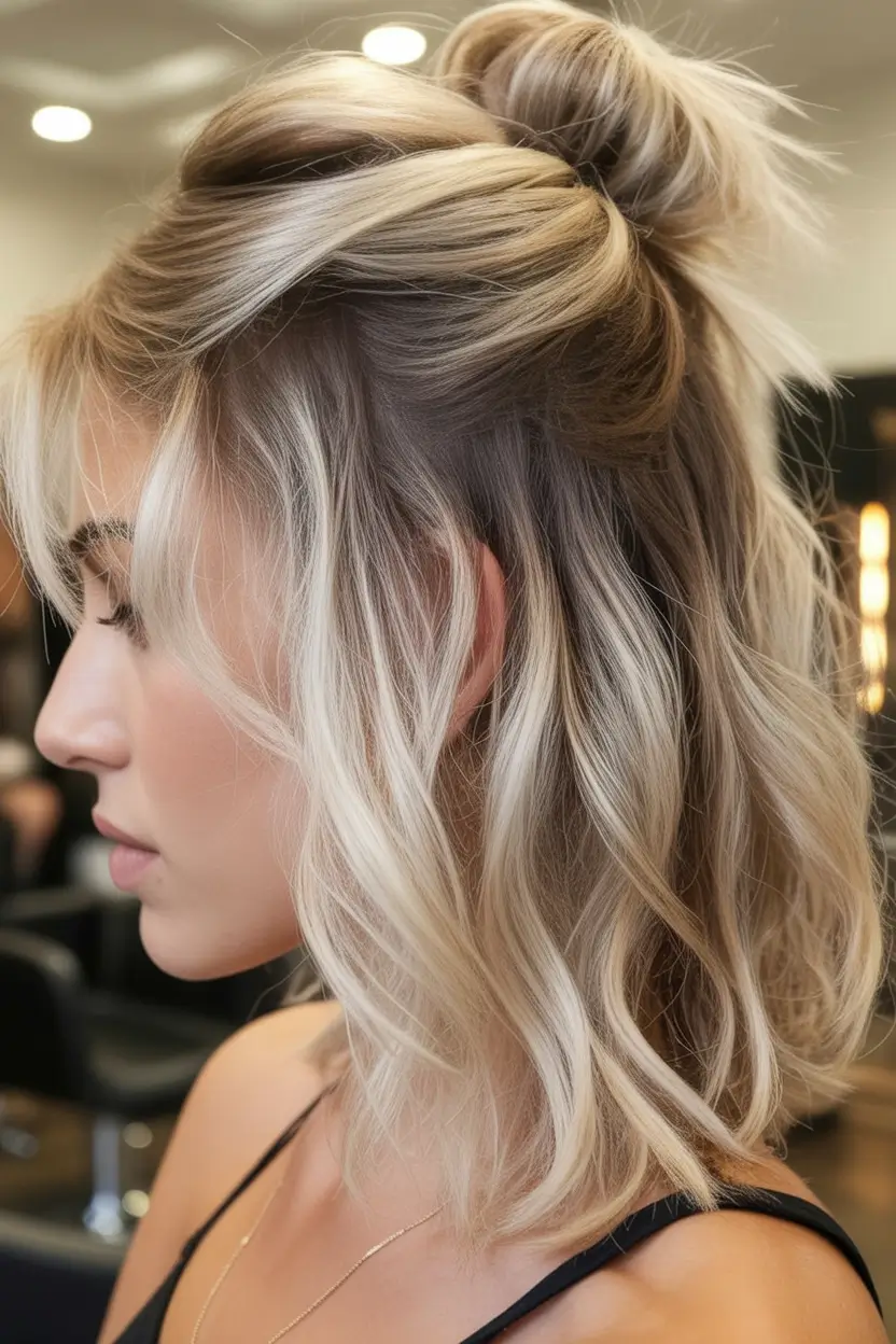 Fall hairstyle for medium Half-Up Blonde Waves with Top Knot
