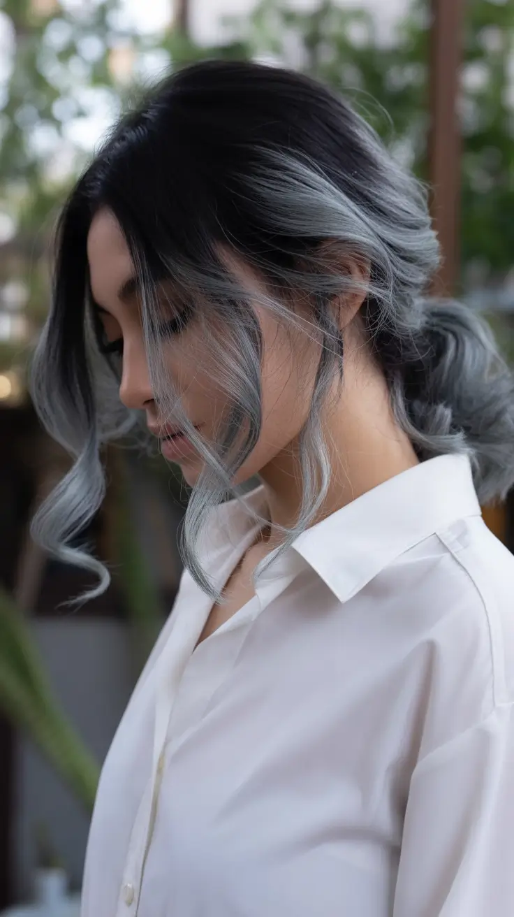 Fall hairstyle for medium Smoky Silver Balayage Pony