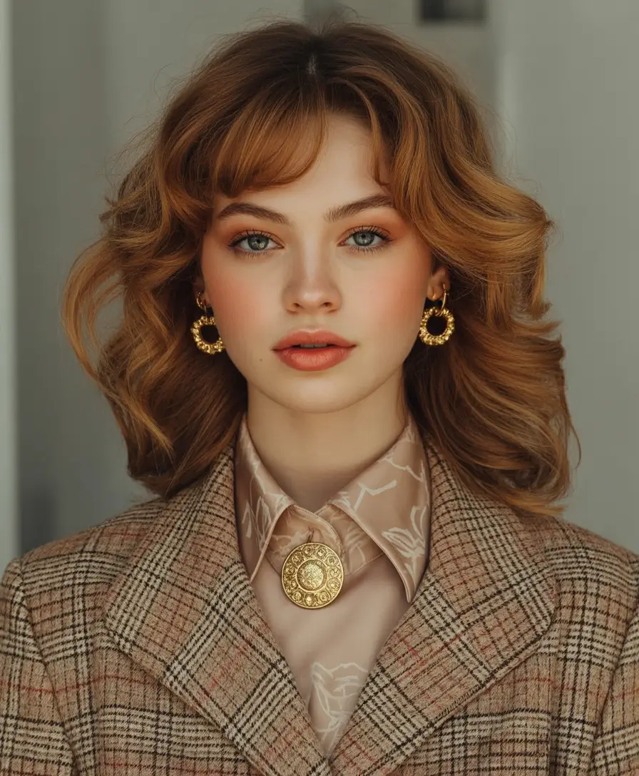 Fall hairstyle for medium Golden Honey Curls with Soft Bangs
