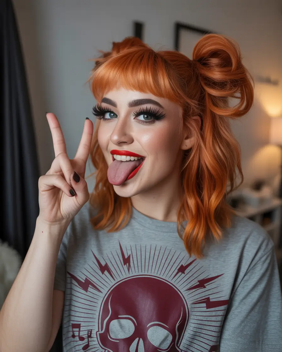 Fall hairstyle for medium Playful Copper Space Buns