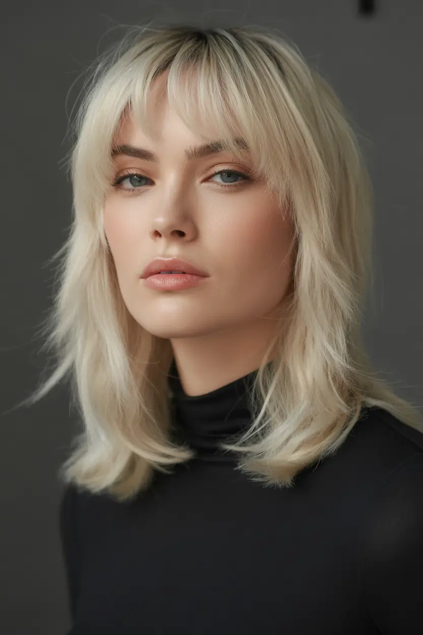 Fall hairstyle for medium Feathered Blonde Layers with Curtain Bangs