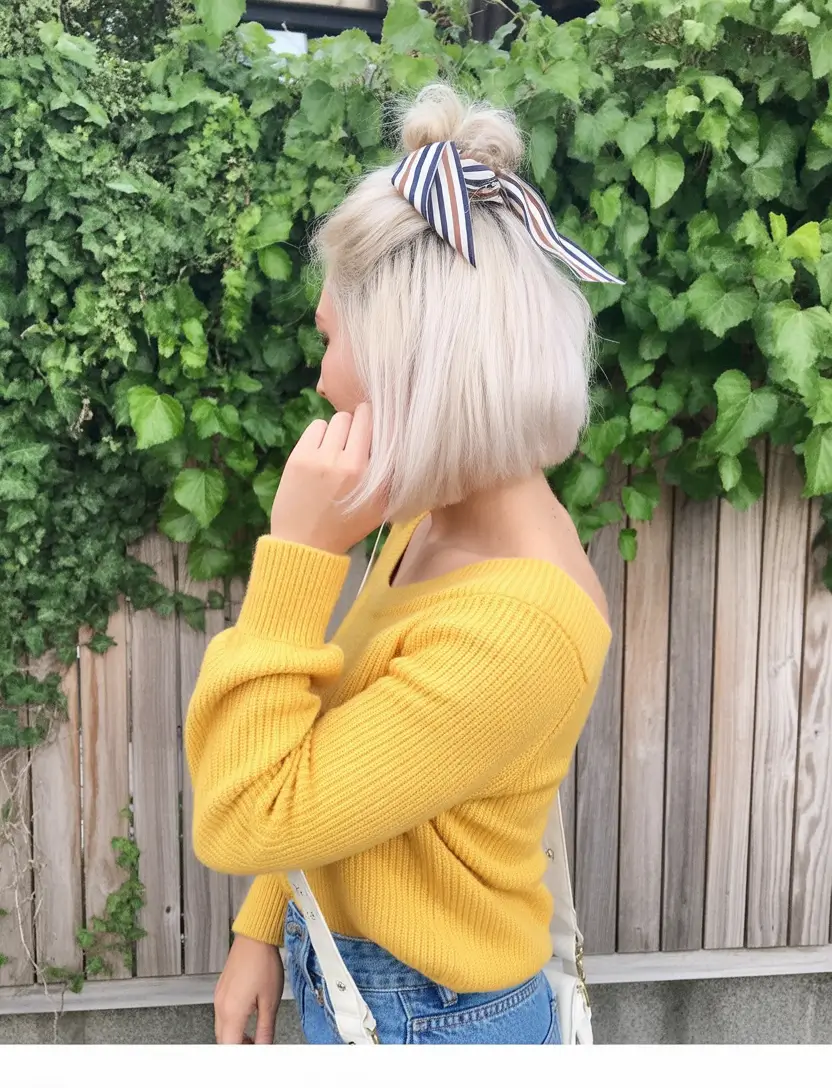 Fall hairstyle for medium Blunt Bob with Top Knot and Ribbon