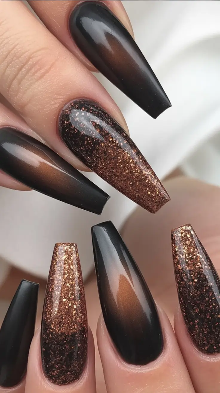 dark fall nails Bronze Sparkle Ombre