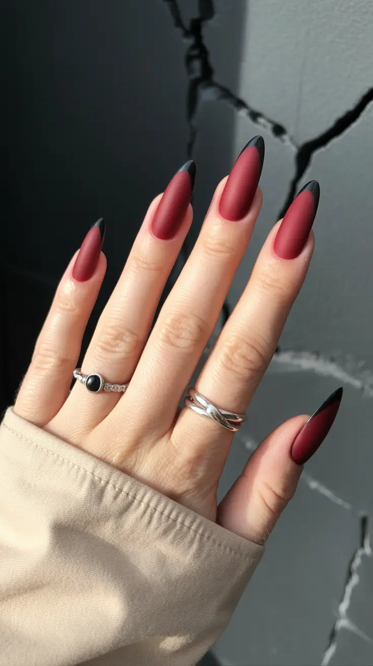 dark fall nails Velvet Crimson with Black Tips