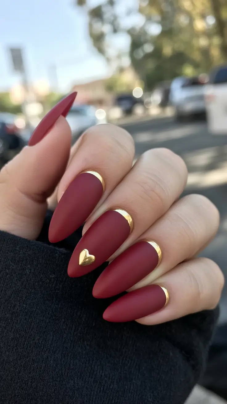 dark fall nails Matte Ruby with Golden Accents