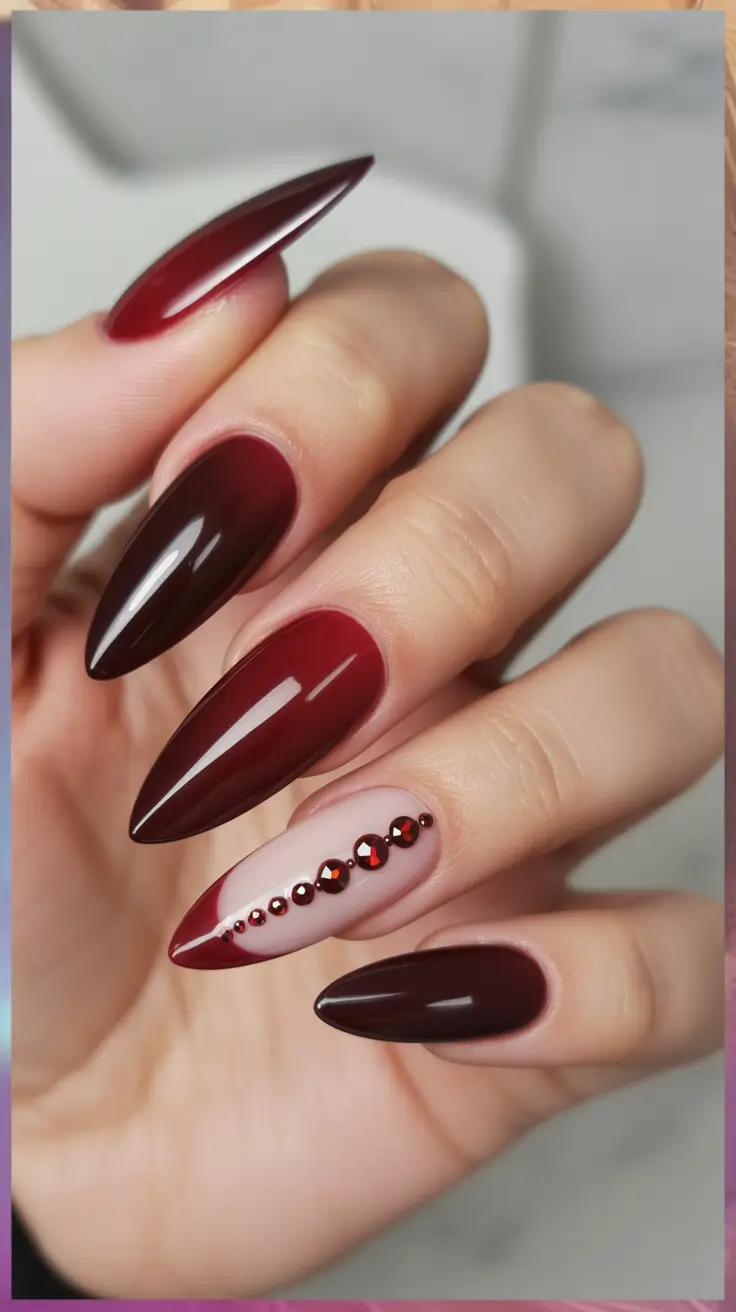 dark fall nails Garnet Shine with Crystal Accent