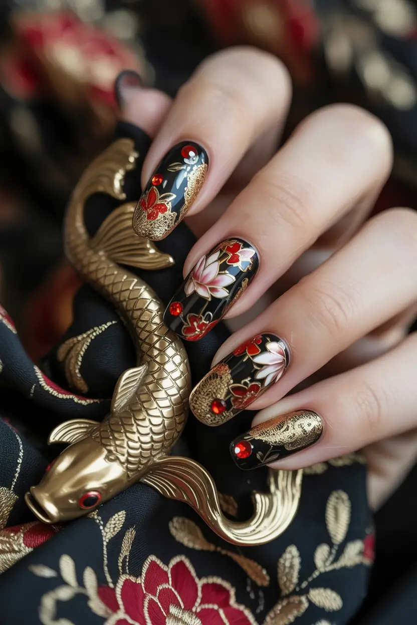 dark fall nails Golden Lotus Elegance