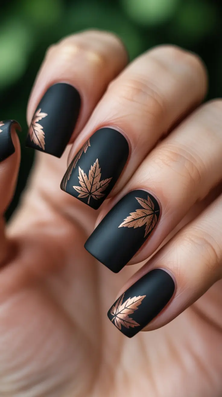 Fall Nail Color Ideas for Women Over 50 Black Matte with Copper Leaves