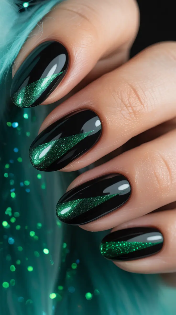 Fall Nail Color Ideas for Women Over 50 Emerald and Black Duo