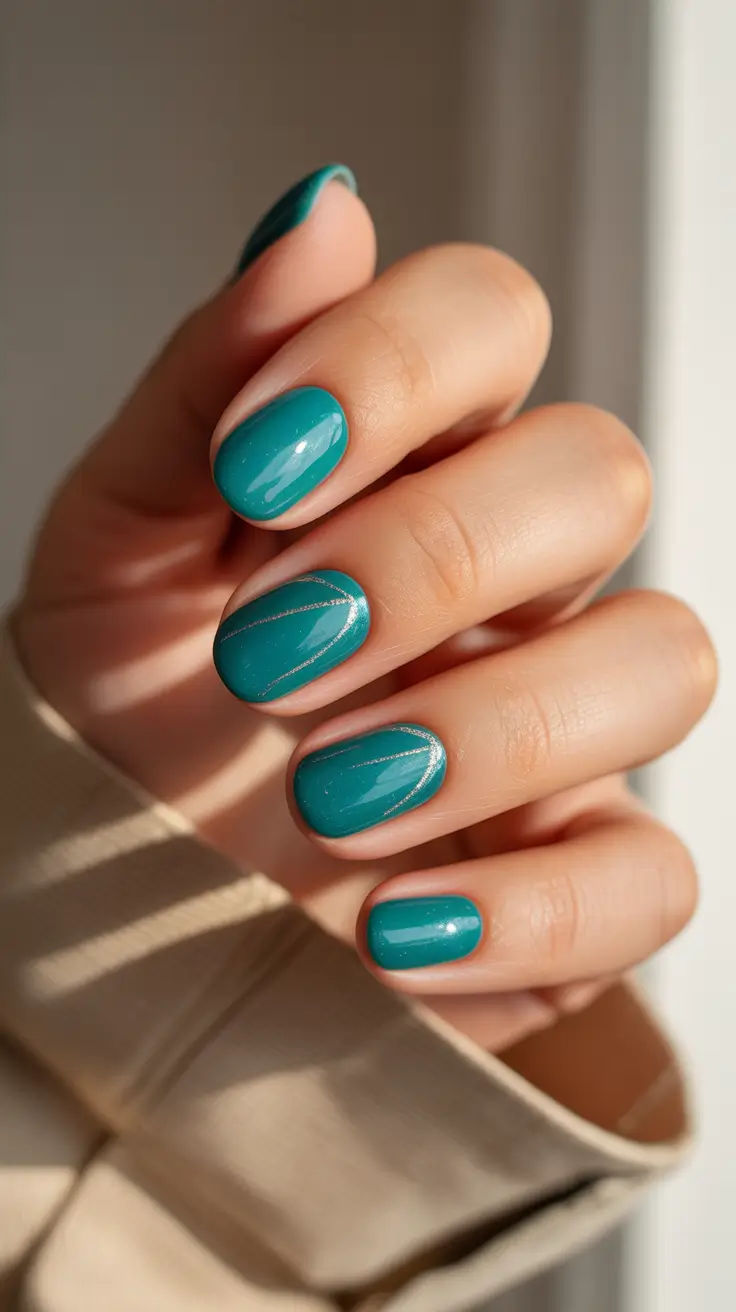 Fall Nail Color Ideas for Women Over 50 Teal Elegance with Fine Gold Lines