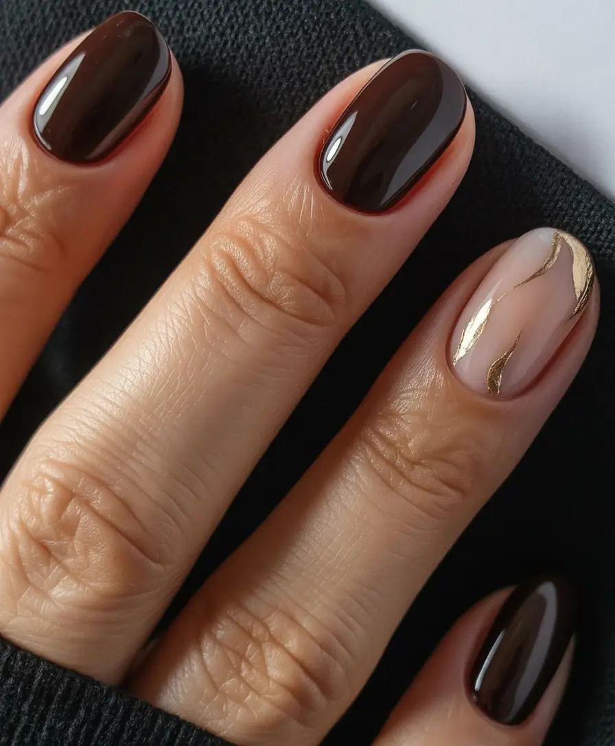 Fall Nail Color Ideas for Women Over 50 Espresso and Nude with Gold Veins