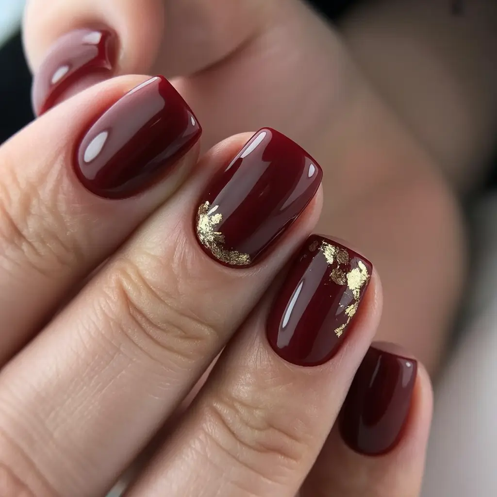 Fall Nail Color Ideas for Women Over 50 Wine Red with Golden Foil
